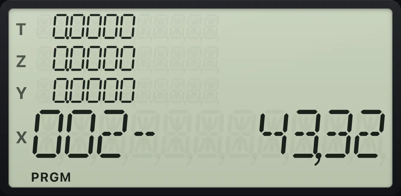 Result of the example "See where a program ends" The display shows: 002-   43,32 /  0.0000 /  0.0000 /  0.0000 /  0.0000.