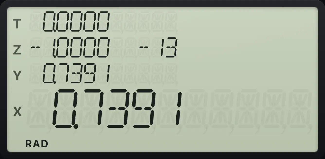 Result of the example "Solve cos x = x" The display shows: 0.0000 / -1.0000 -13 / 0.7391 / 0.7391.