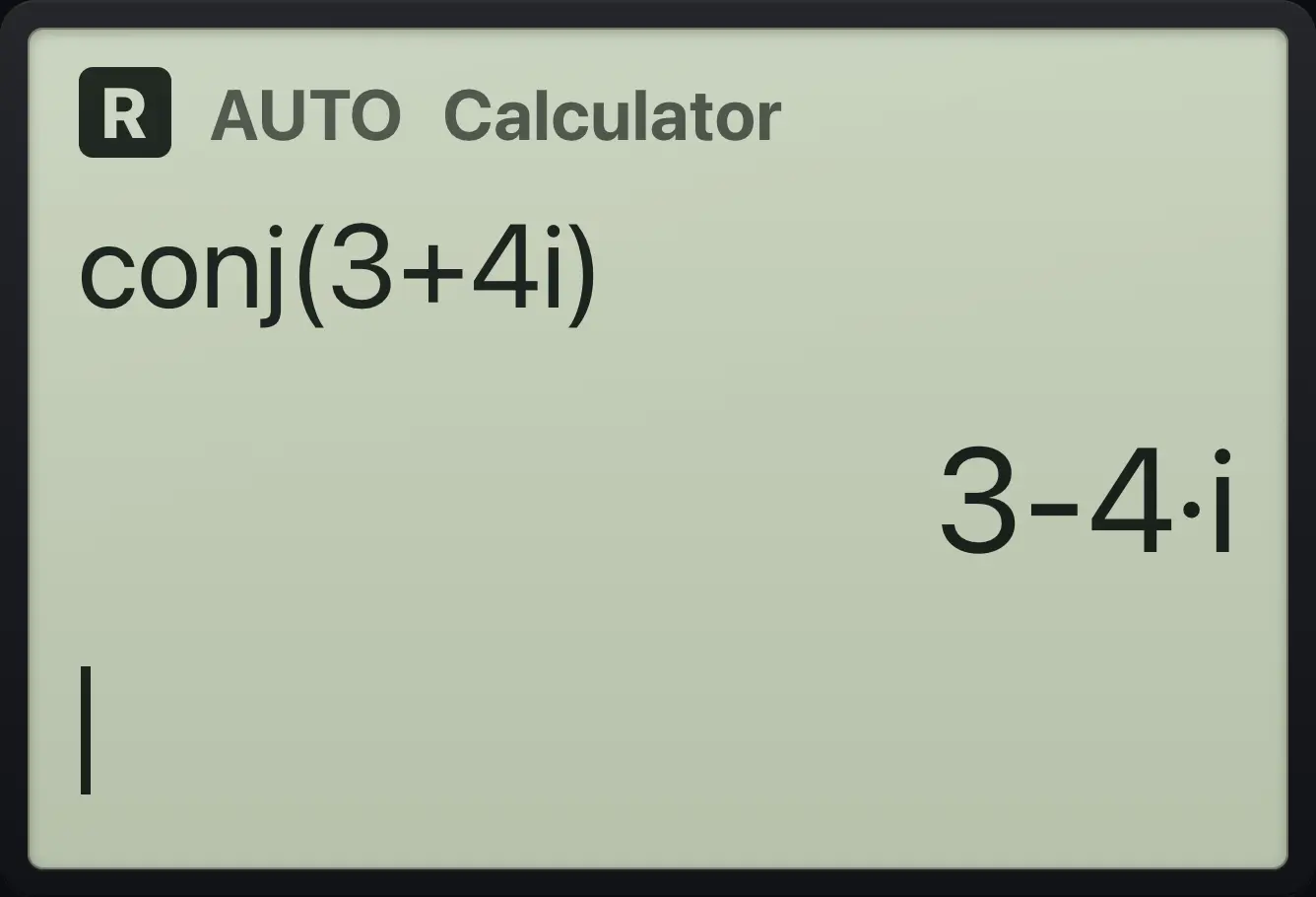 Result of the example "Conjugate" The display shows: conj(3+4i) / 3-4Β·i.
