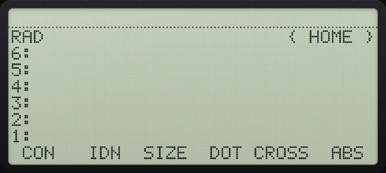 MATRX page 2: CON, IDN, SIZE, DOT, CROSS, ABS. The display shows: RAD { HOME } / 6: / 5: / 4: / 3: / 2: / 1: / CON IDN SIZE DOT CROSS ABS .