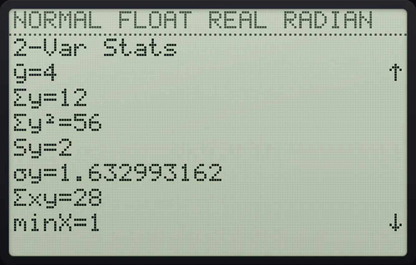 Result of the example "Two lists" The display shows: 2-Var Stats / ȳ=4 ↑ / Σy=12 / Σy²=56 / Sy=2 / σy=1.632993162 / Σxy=28 / minX=1 ↓.