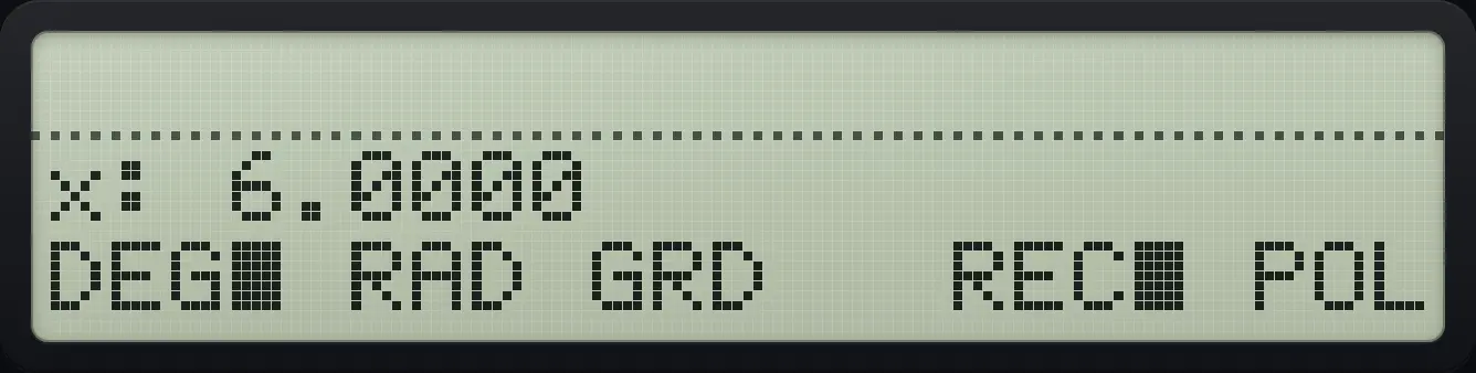 After step 1: Put 5 and 6 on the stack, then open the MODES menu (shift, +/−). The display shows: x: 6.0000 / DEG■ RAD GRD REC■ POL.