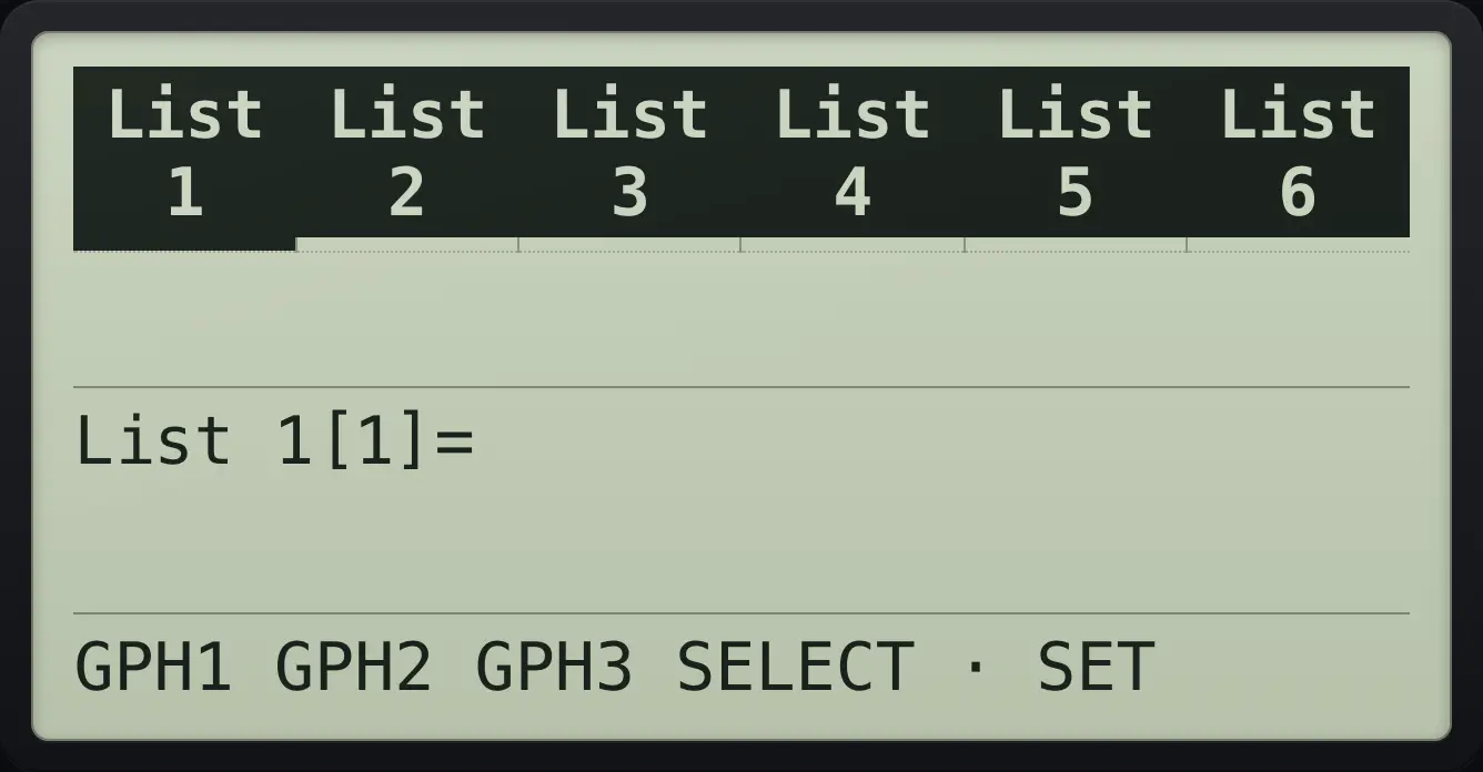 The GRAPH bar in Statistics The display shows: List 1 | List 2 | List 3 | List 4 | List 5 | List 6 /  |  |  |  |  |  / List 1[1]= / GPH1 GPH2 GPH3 SELECT · SET.