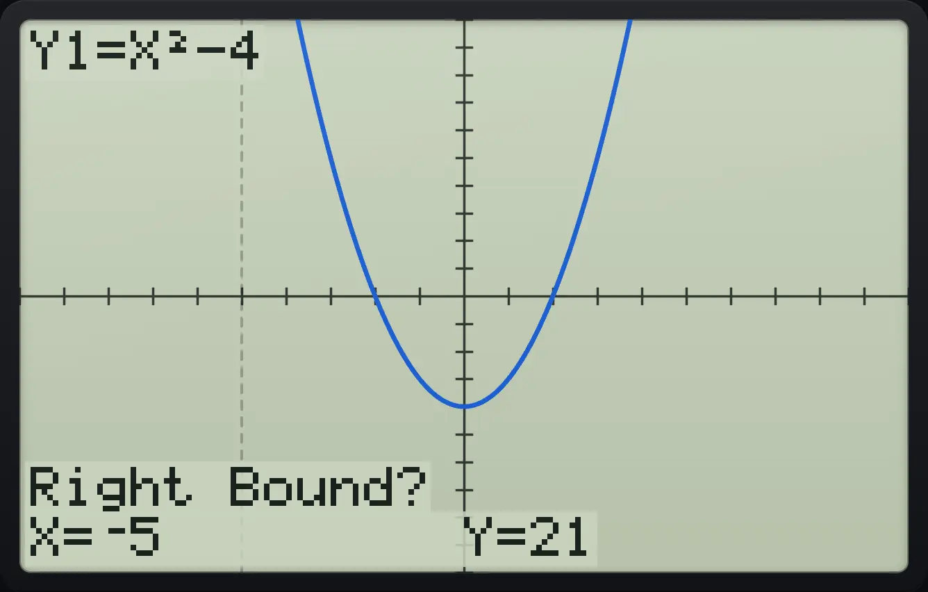 After step 1: Graph Y1 = X²−4, press 2nd trace and 2. Type −5 for the left bound and press enter. The display shows: Y1=X²−4 / Right Bound? / X=⁻5 Y=21.