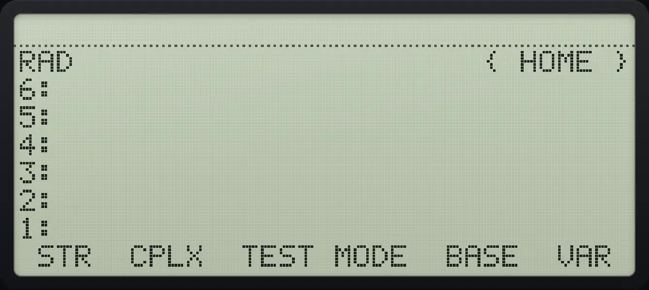 APPS page 2: STR, CPLX, TEST, MODE, BASE and VAR. The display shows: RAD                      { HOME } / 6: / 5: / 4: / 3: / 2: / 1: /  STR  CPLX  TEST MODE  BASE  VAR .