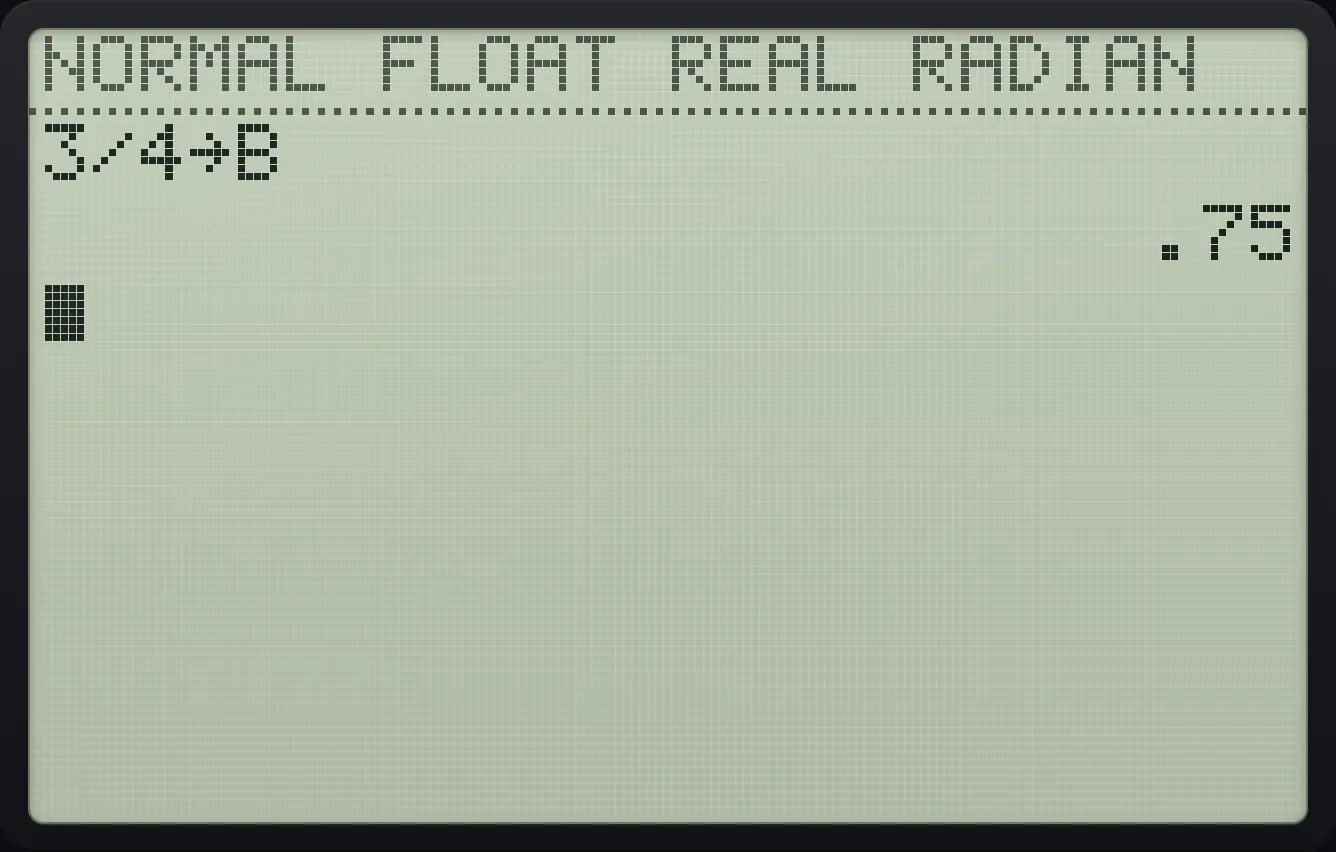 Result of the example "Store a calculated value" The display shows: 3/4→B / .75.