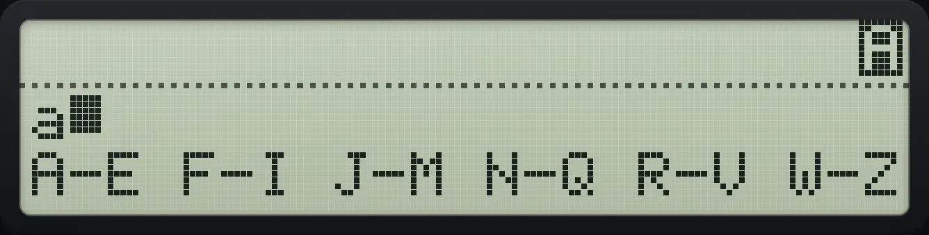 Result of the example "Lowercase letters" The display shows: a_ / A-E F-I J-M N-Q R-V W-Z.