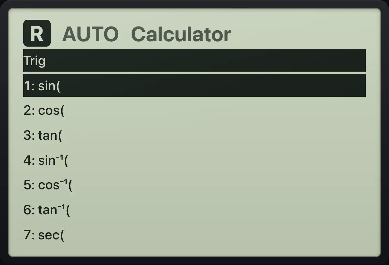 The Trig menu. The display shows: Trig / 1: sin( / 2: cos( / 3: tan( / 4: sin⁻¹( / 5: cos⁻¹( / 6: tan⁻¹( / 7: sec(.