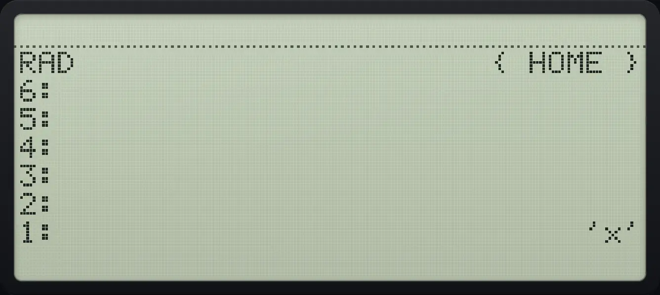 Result of the example "Type a lowercase name with alpha lock" The display shows: RAD                      { HOME } / 6: / 5: / 4: / 3: / 2: / 1:                            'x'.