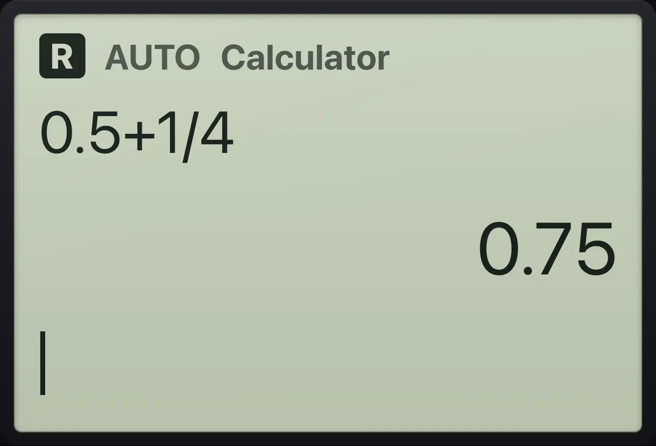 Result of the example "A decimal input gives a decimal answer" The display shows: 0.5+1/4 / 0.75.