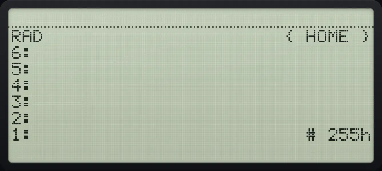 Result of the example "Type a hexadecimal number" The display shows: RAD { HOME } / 6: / 5: / 4: / 3: / 2: / 1: # 255h.