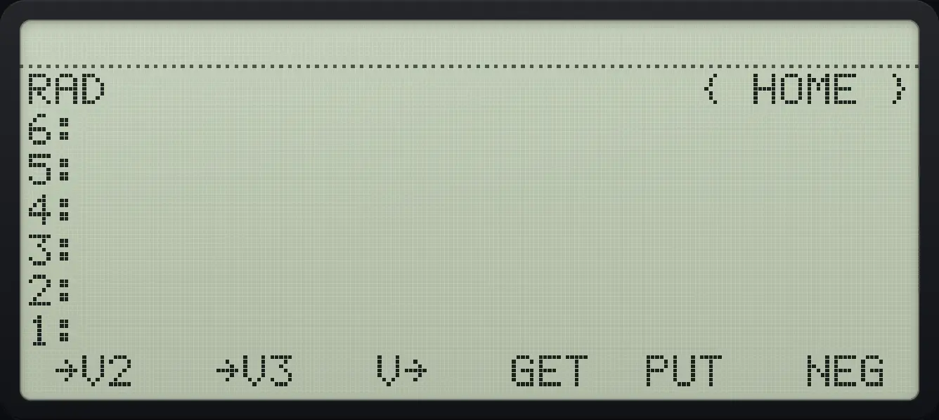 MATRX page 3: →V2, →V3, V→, GET, PUT, NEG. The display shows: RAD { HOME } / 6: / 5: / 4: / 3: / 2: / 1: / →V2 →V3 V→ GET PUT NEG .