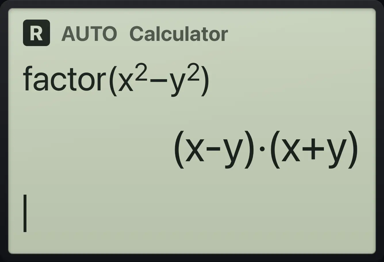 Result of the example "Difference of squares" The display shows: factor(x^2−y^2) / (x-y)·(x+y).
