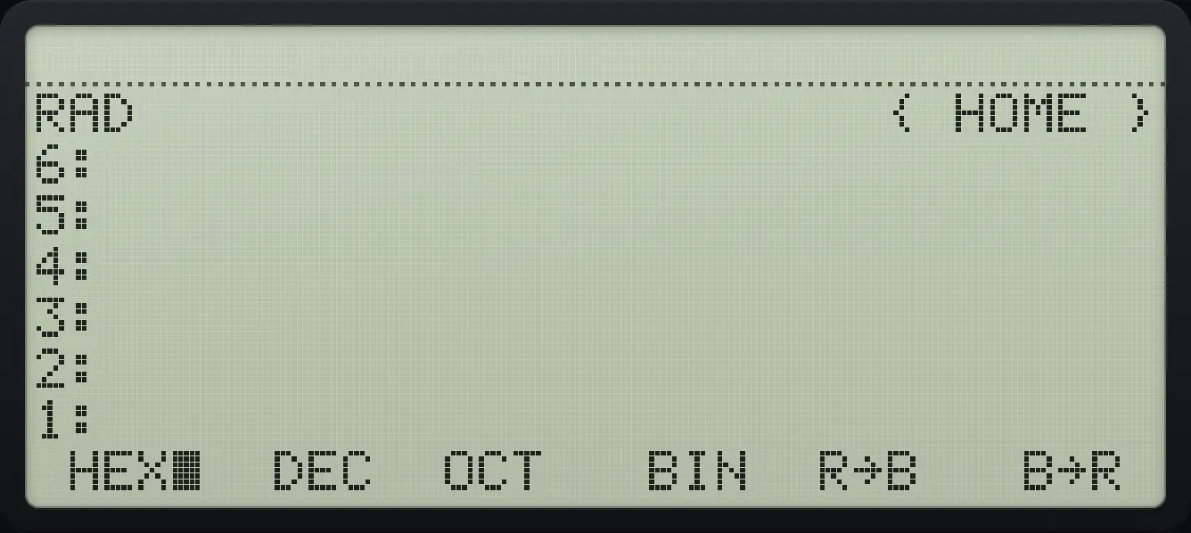 BASE page 1: HEX, DEC, OCT, BIN, R→B, B→R. The display shows: RAD { HOME } / 6: / 5: / 4: / 3: / 2: / 1: / HEX■ DEC OCT BIN R→B B→R .