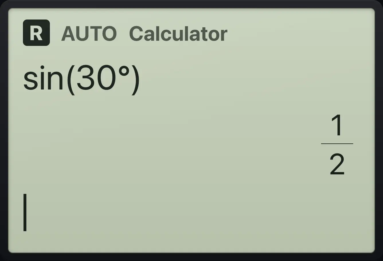 Result of the example "Use a degree sign" The display shows: sin(30°) / 1/2.