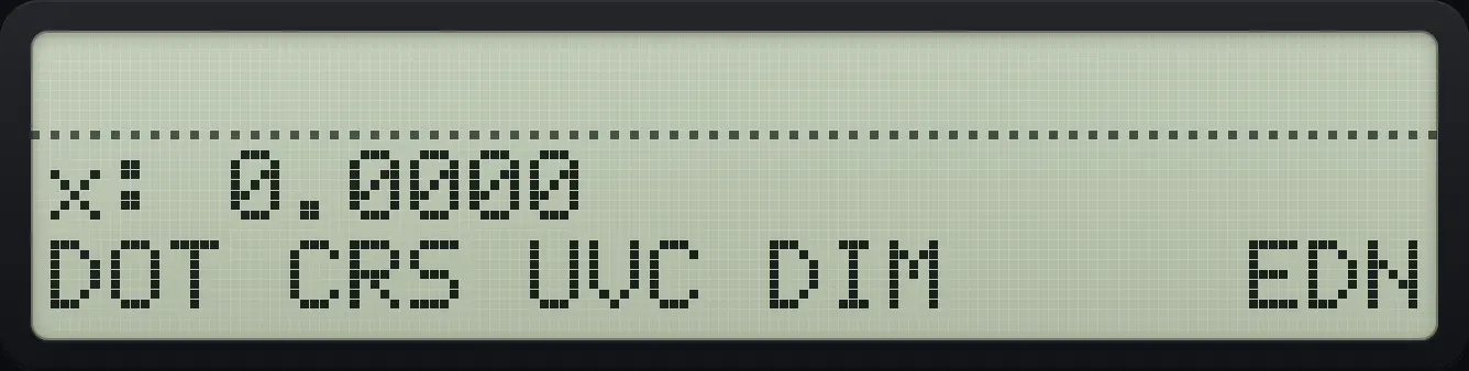 Result of the example "Dot product of (1,0,0) and (0,1,0)" The display shows: x: 0.0000 / DOT CRS UVC DIM EDN.