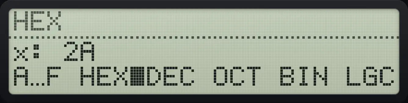 Result of the example "Multiply in hexadecimal" The display shows: x: 2A / A…F HEX■DEC OCT BIN LGC.