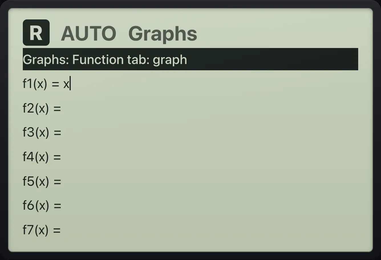 Result of the example "Back to the list" The display shows: Graphs: Function   tab: graph / f1(x)=x / f2(x)= / f3(x)= / f4(x)= / f5(x)= / f6(x)= / f7(x)=.