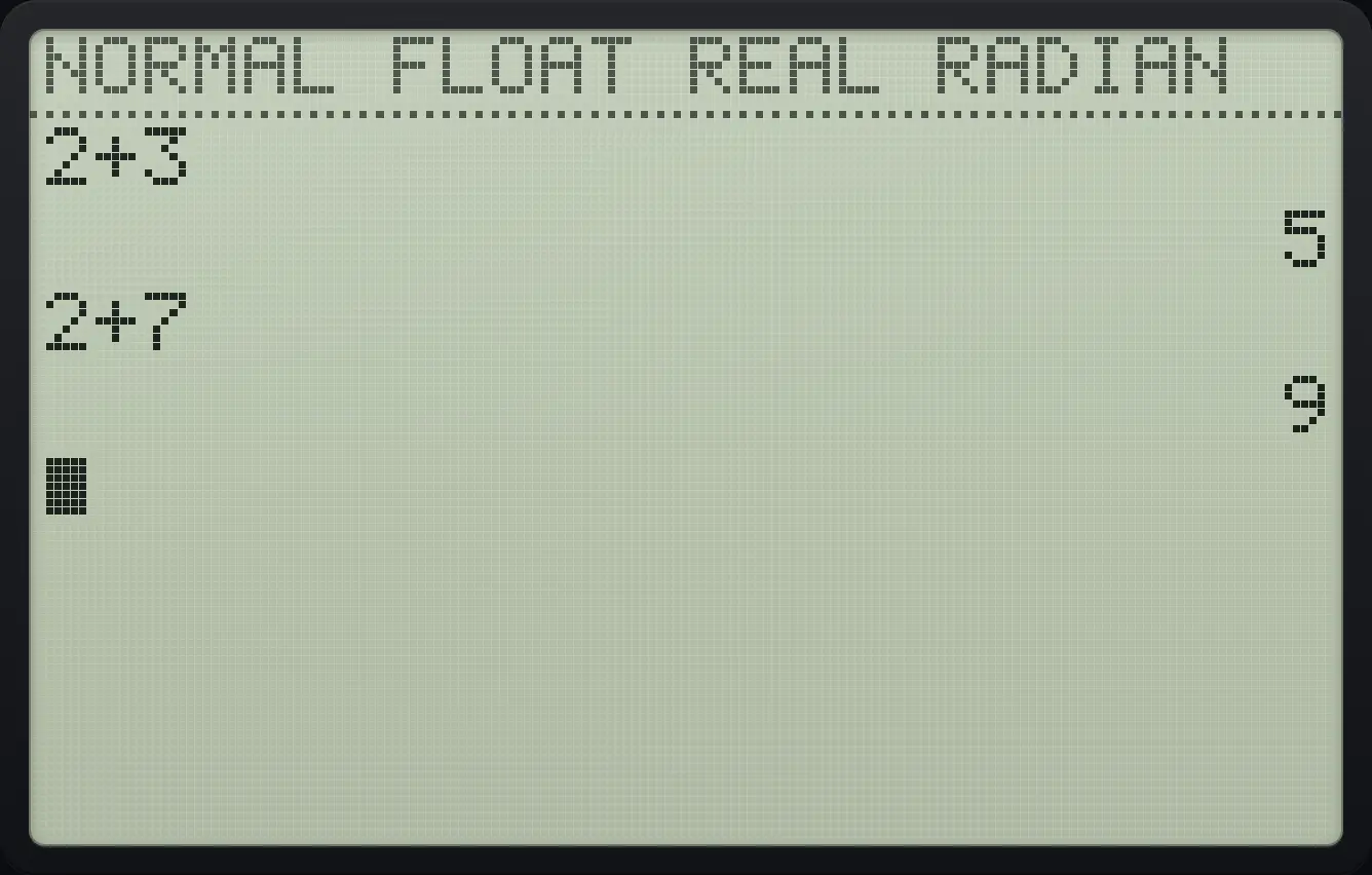 Result of the example "Fix a typo with ENTRY" The display shows: 2+3 / 5 / 2+7 / 9.