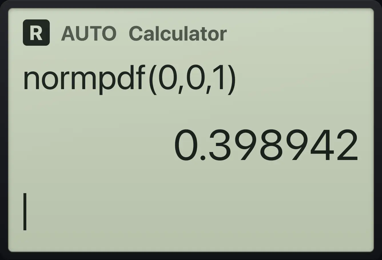 Result of the example "Normal density at the mean" The display shows: normpdf(0,0,1) / 0.398942.