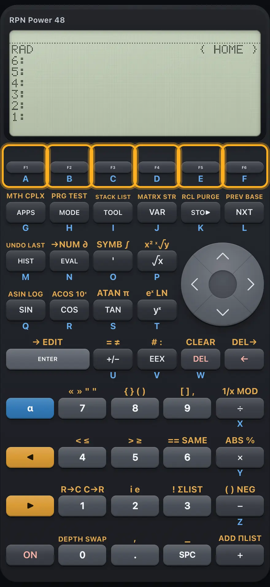 The six soft keys under the display. The display shows: RAD                      { HOME } / 6: / 5: / 4: / 3: / 2: / 1:.