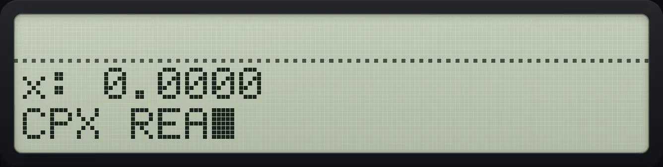 MODES page 2: CPX (complex results allowed) and RL (real results only). The display shows: x: 0.0000 / CPX REA■               .