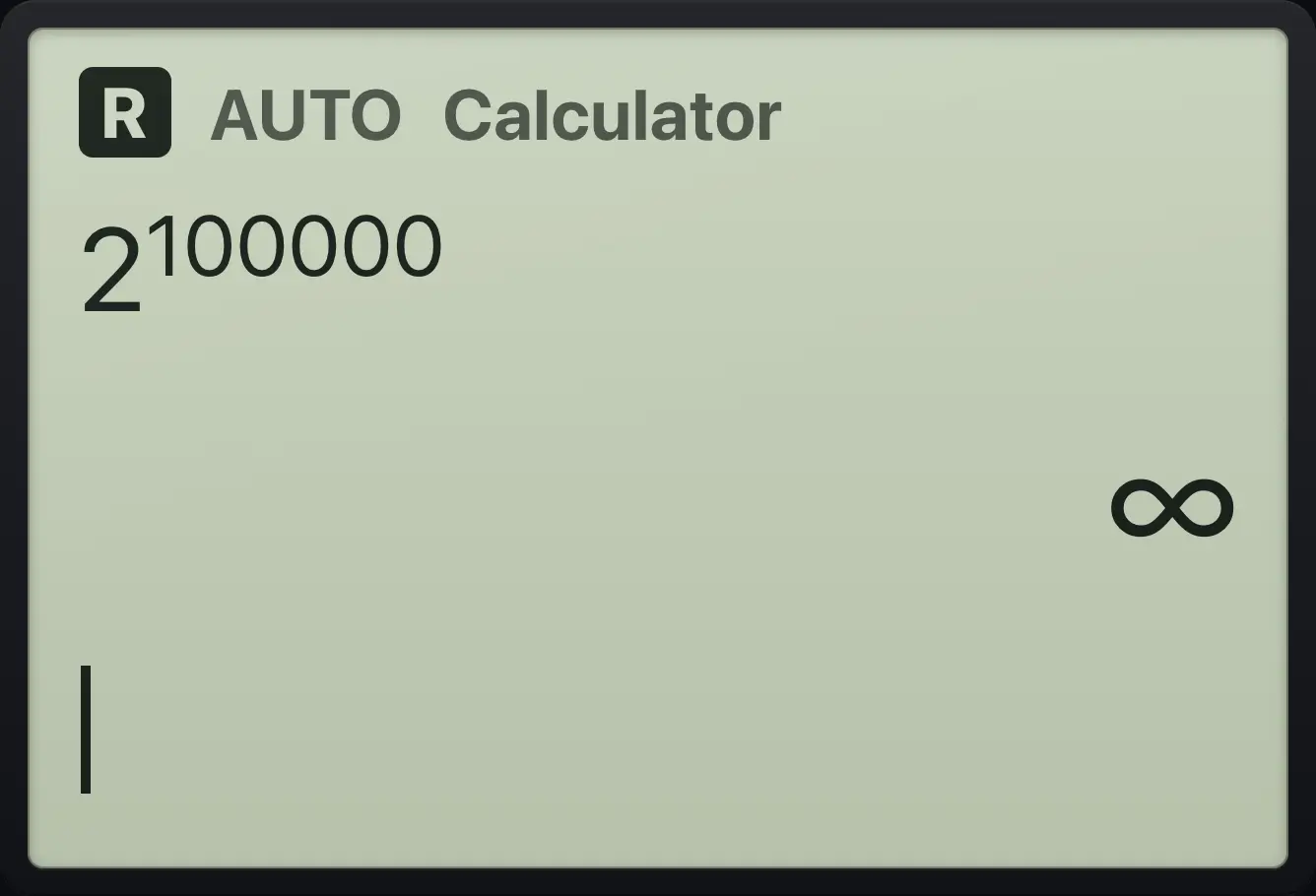 Result of the example "Overflow gives infinity" The display shows: 2^(100000) / ∞.