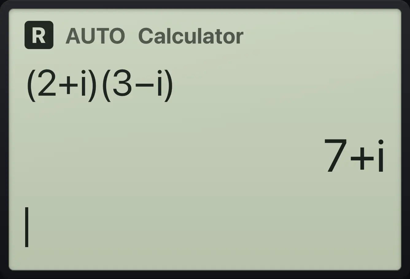 Result of the example "Multiply complex numbers" The display shows: (2+i)(3βi) / 7+i.