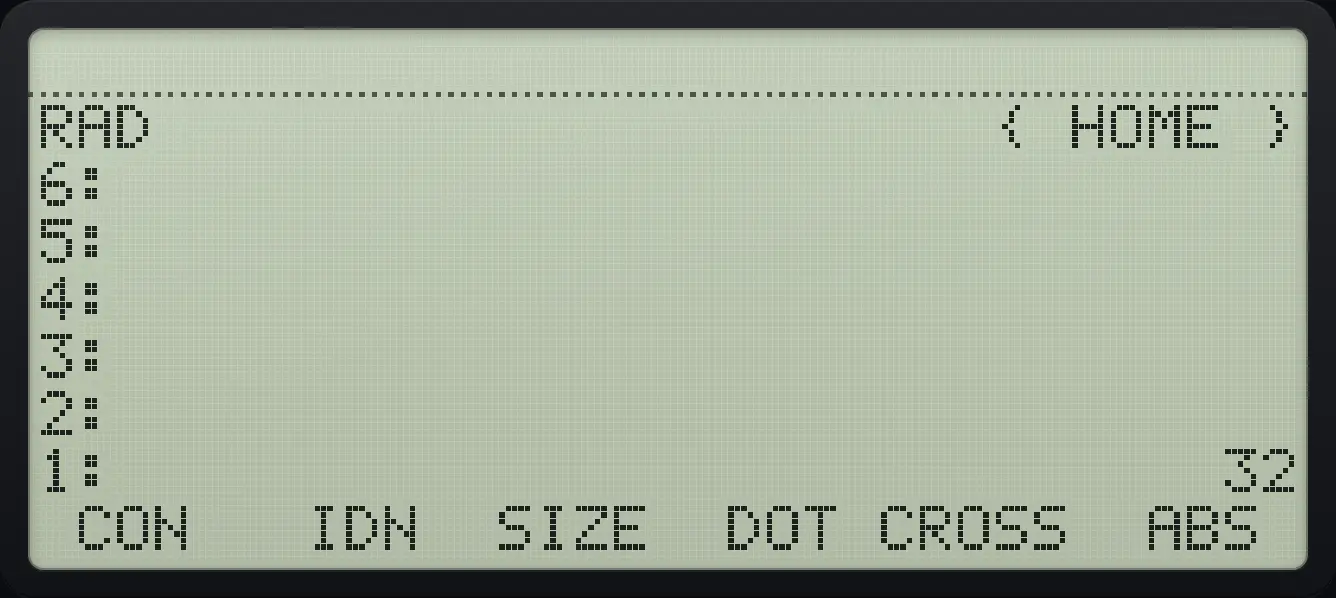 Result of the example "Dot product" The display shows: RAD { HOME } / 6: / 5: / 4: / 3: / 2: / 1: 32 / CON IDN SIZE DOT CROSS ABS .