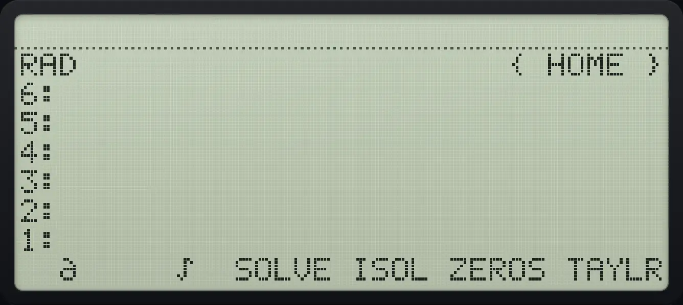 SYMB page 1: derivative, integral, SOLVE, ISOL, ZEROS, TAYLR. The display shows: RAD                      { HOME } / 6: / 5: / 4: / 3: / 2: / 1: /   ∂     ∫  SOLVE ISOL ZEROS TAYLR.