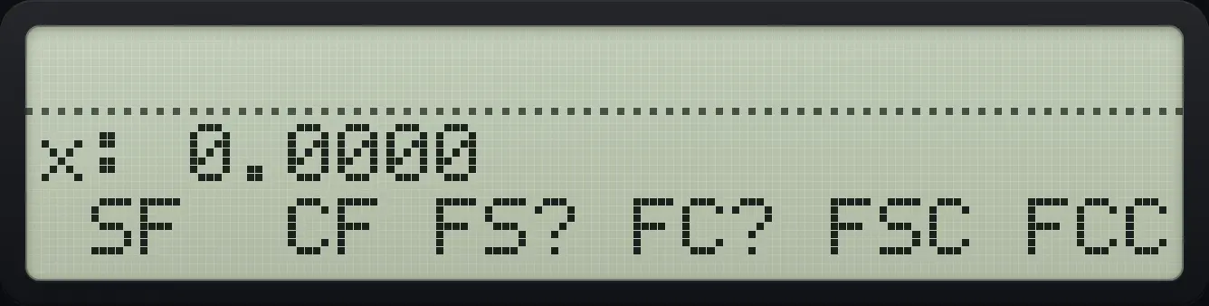 The FLAGS menu. The display shows: x: 0.0000 / SF CF FS? FC? FSC FCC.