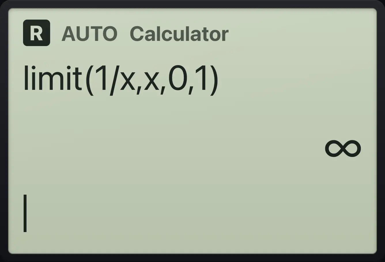 Result of the example "One-sided limit from the right" The display shows: limit(1/x,x,0,1) / ∞.
