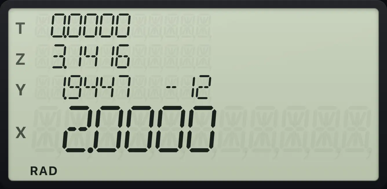 Result of the example "Integral of sin x from 0 to π" The display shows: 0.0000 / 3.1416 / 1.9447 -12 / 2.0000.
