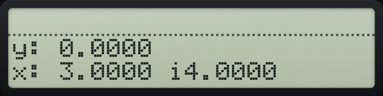 Result of the example "Make 3 + 4i" The display shows: y: 0.0000 / x: 3.0000 i4.0000.
