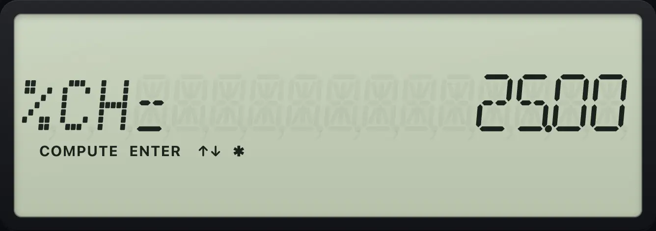 Result of the example "Price rose from 100 to 125" The display shows: %CH=        25.00.