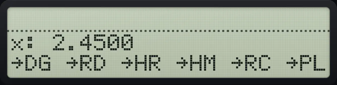 Result of the example "Decimal hours to hours, minutes, seconds" The display shows: x: 2.4500 / →DG →RD →HR →HM →RC →PL.