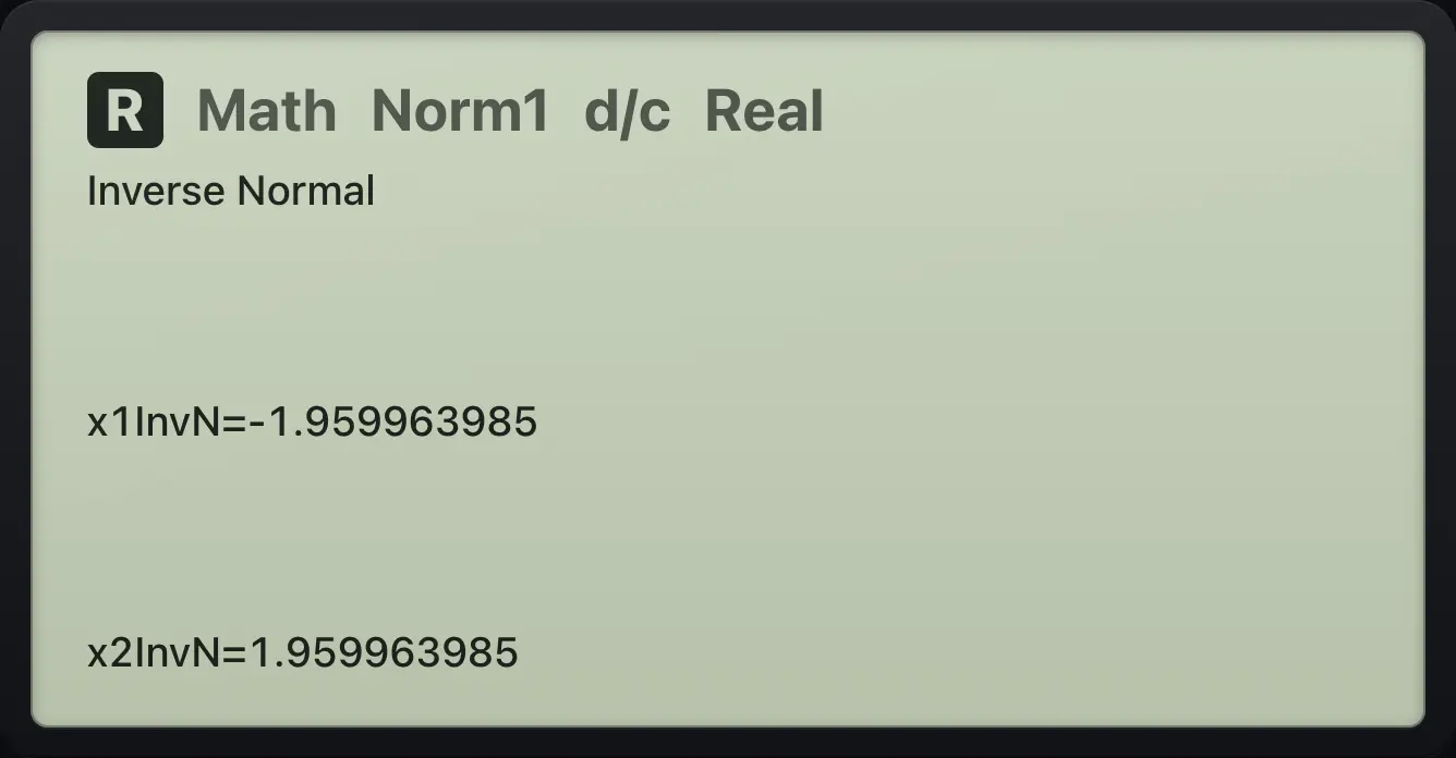 Result of the example "Central inverse normal" The display shows: Inverse Normal / x1InvN=-1.959963985 / x2InvN=1.959963985.