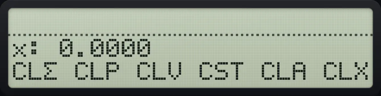 After step 2: Open CLEAR (shift, backspace) and press the fourth menu key, CST. The display shows: x: 0.0000 / CLΣ CLP CLV CST CLA CLX.