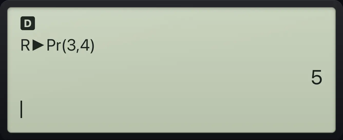 Result of the example "Distance for the point (3, 4)" The display shows: R►Pr(3,4) / 5.
