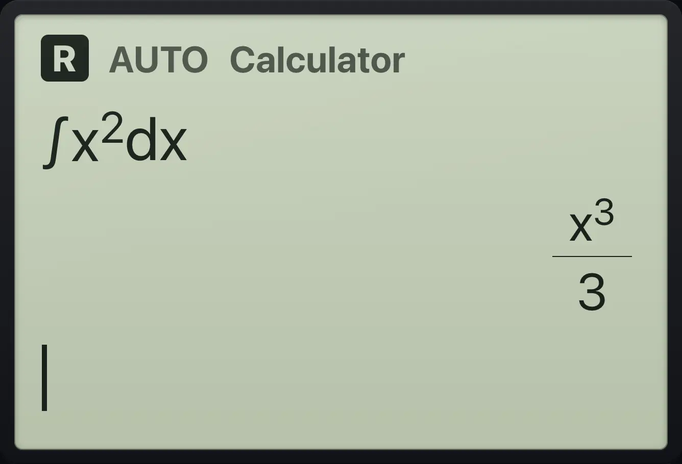 Result of the example "Antiderivative of x²" The display shows: ∫(x^2)dx / x^3/3.