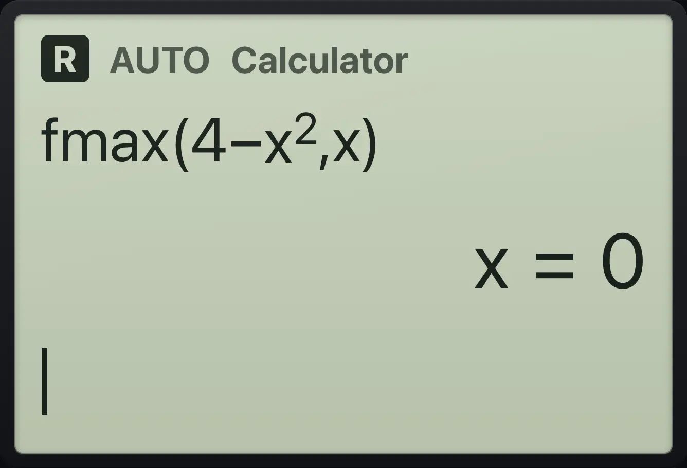 Result of the example "Maximum" The display shows: fmax(4−x^2,x) / x=0.