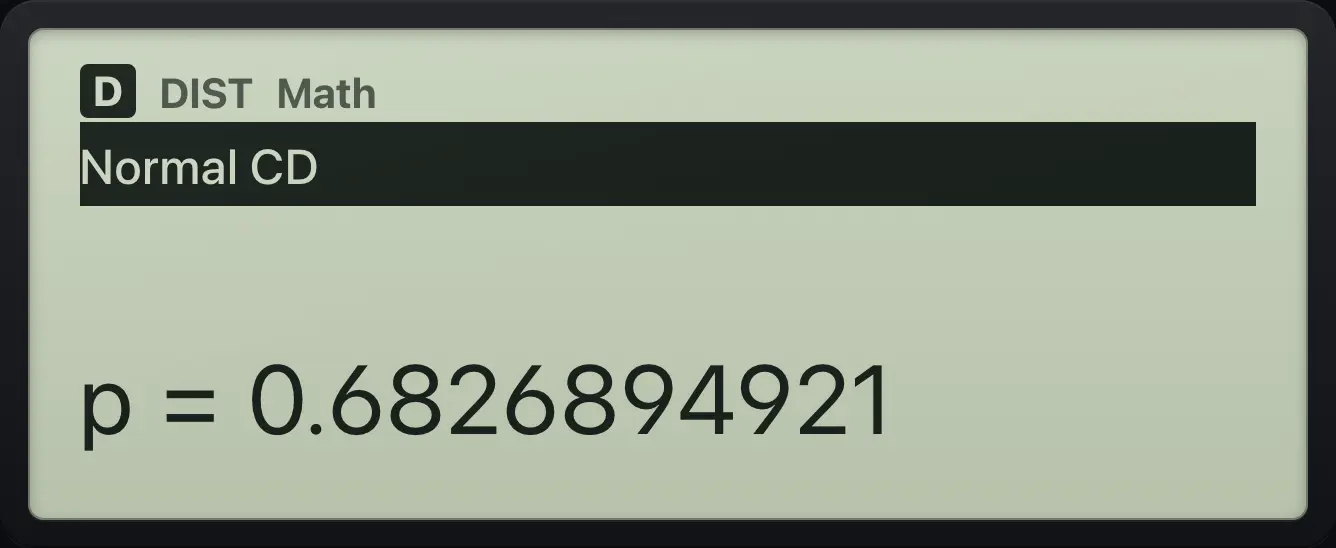 Result of the example "With your own mean and spread" The display shows: Normal CD / p=0.6826894921.