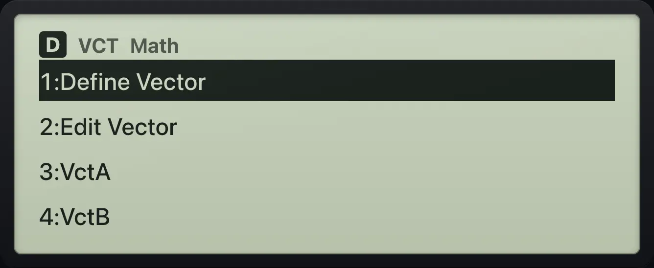 The Vector OPTN menu The display shows: 1:Define Vector / 2:Edit Vector / 3:VctA / 4:VctB.