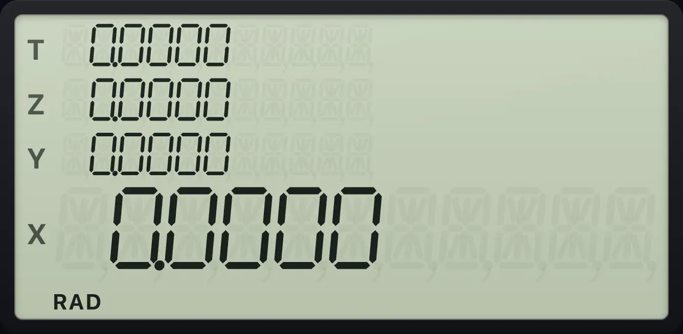 Radians mode: the RAD indicator shows the angle unit. The display shows: 0.0000 / 0.0000 / 0.0000 / 0.0000.