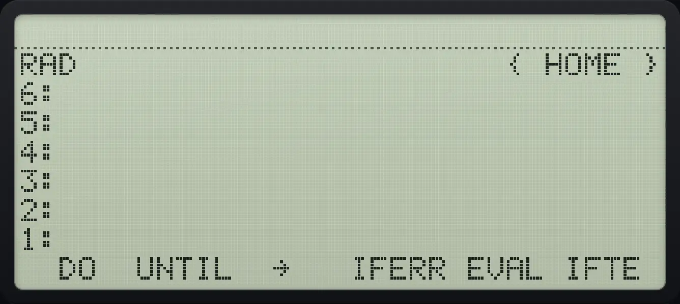 PRG page 3. The display shows: RAD { HOME } / 6: / 5: / 4: / 3: / 2: / 1: / DO UNTIL → IFERR EVAL IFTE .