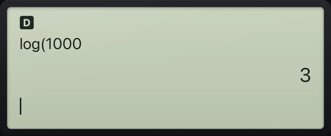 Result of the example "Log base 10" The display shows: log(1000 / 3.