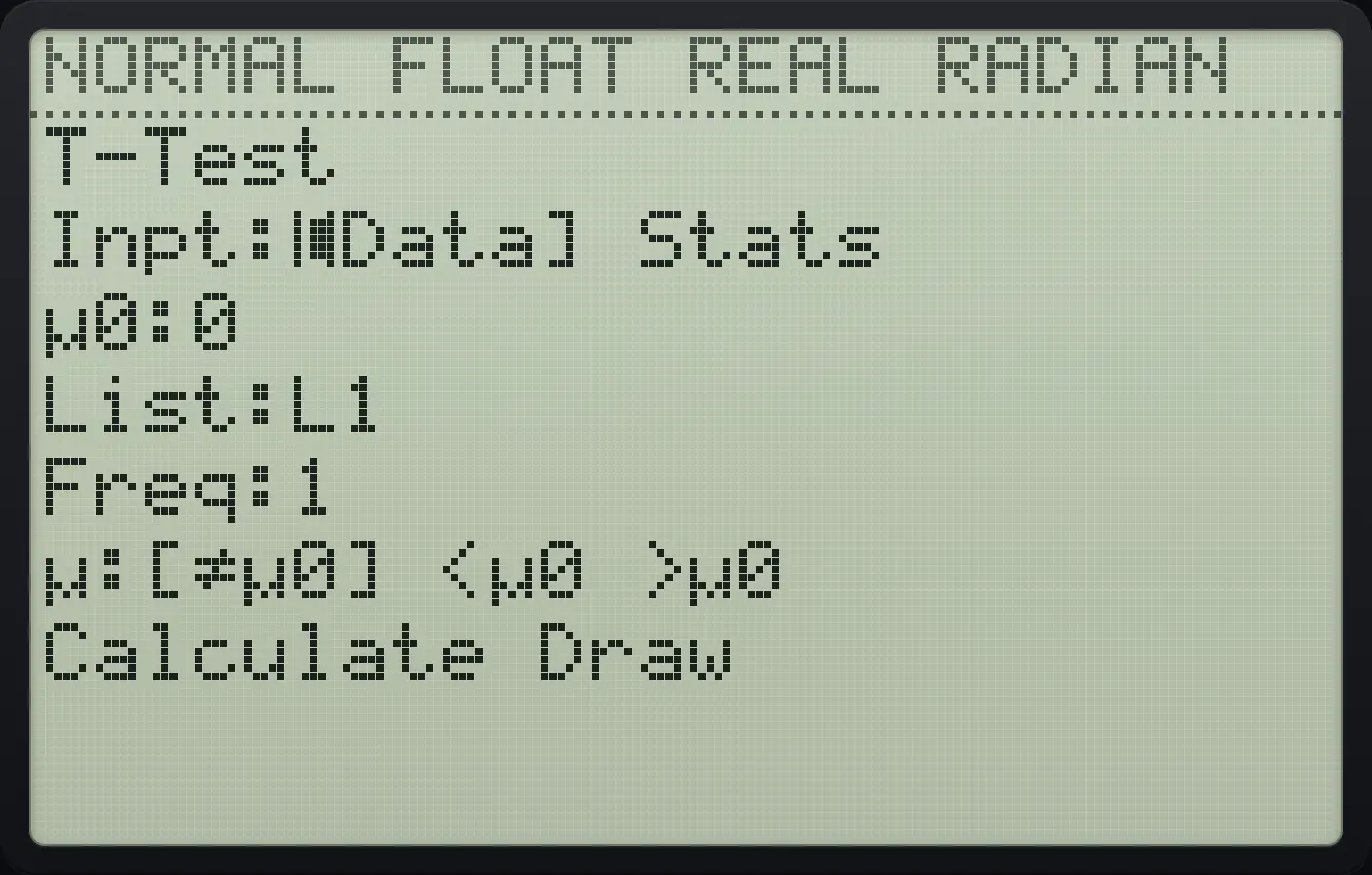 The T-Test form with Data input. The display shows: T-Test / Inpt:[Data] Stats / μ0:0 / List:L1 / Freq:1 / μ:[≠μ0] <μ0 >μ0 / Calculate Draw.