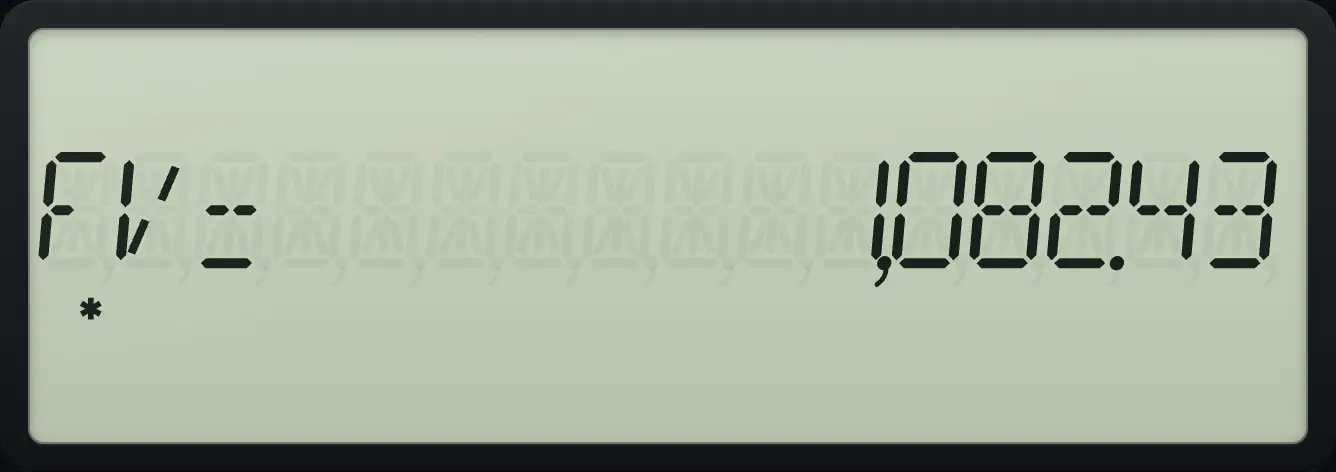 Result of the example "Compound quarterly, pay monthly" The display shows: FV= 1,082.43.