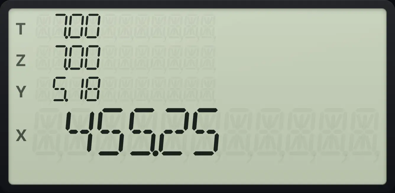 Result of the example "Add the principal" The display shows:  7.00 /  7.00 /  5.18 /  455.25.
