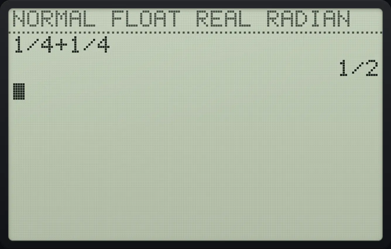 Result of the example "ANSWERS = FRAC" The display shows: 1/4+1/4 / 1/2.
